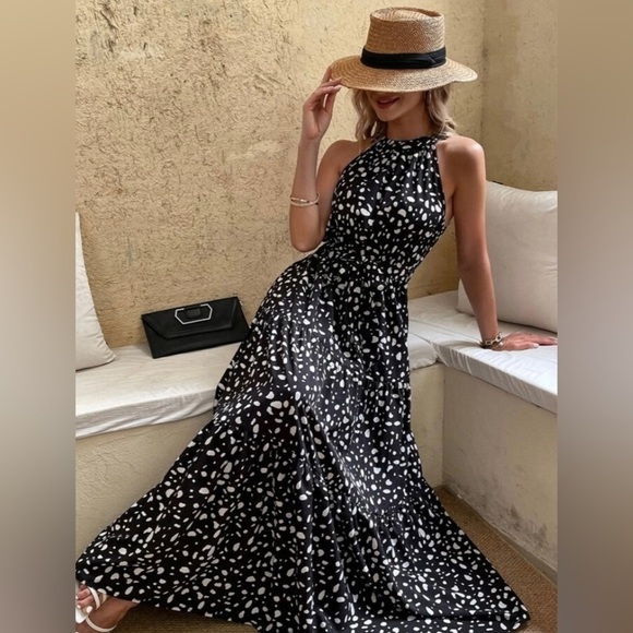 Calista Dresses & Skirts - Black and White Halter Tiered Dress Soft Dot Midi Ruffle Size Small Coastal Y2K